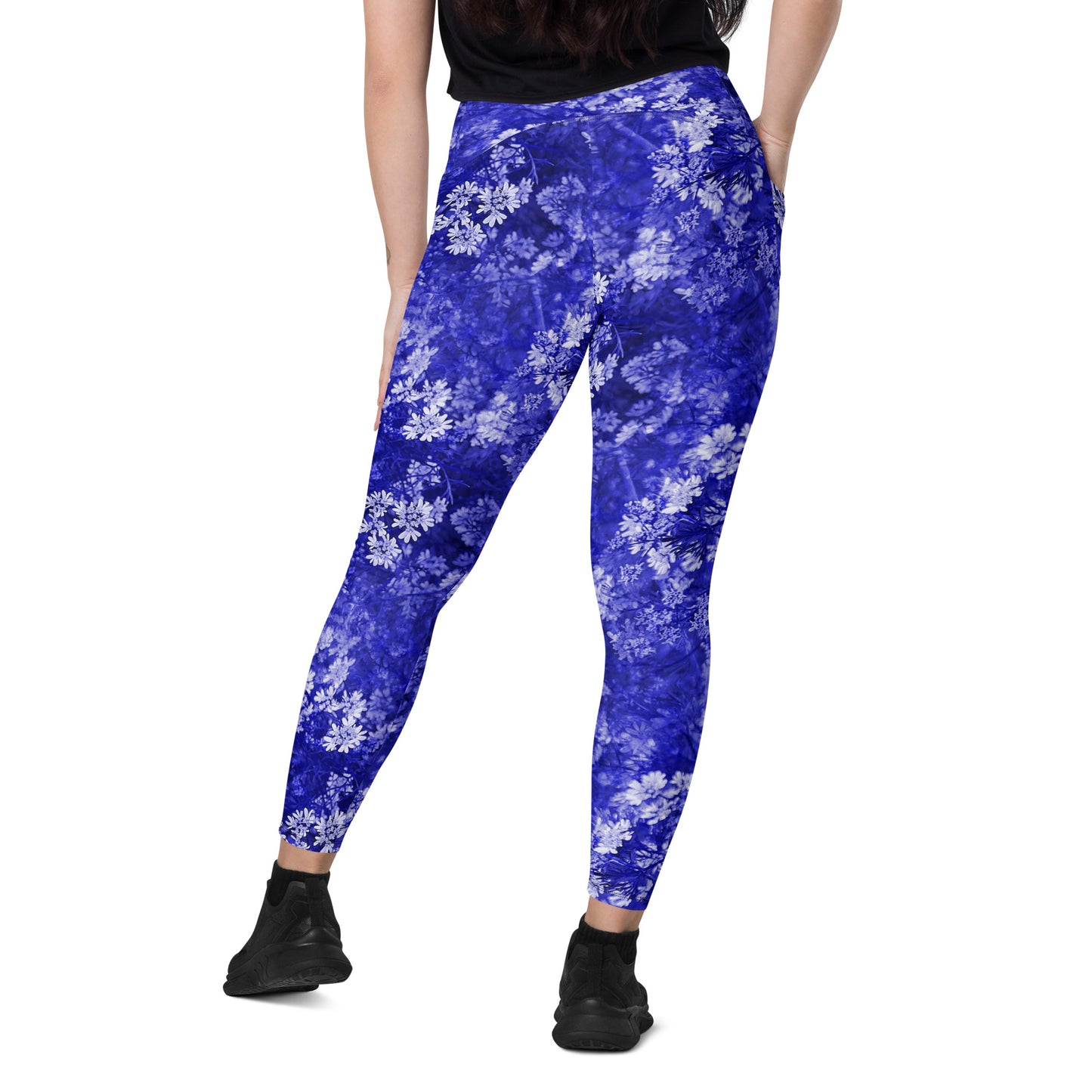 Blue Blossoms Crossover Leggings With Pockets