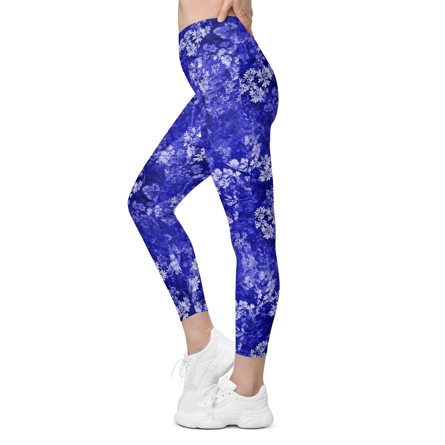 Blue Blossoms Crossover Leggings With Pockets