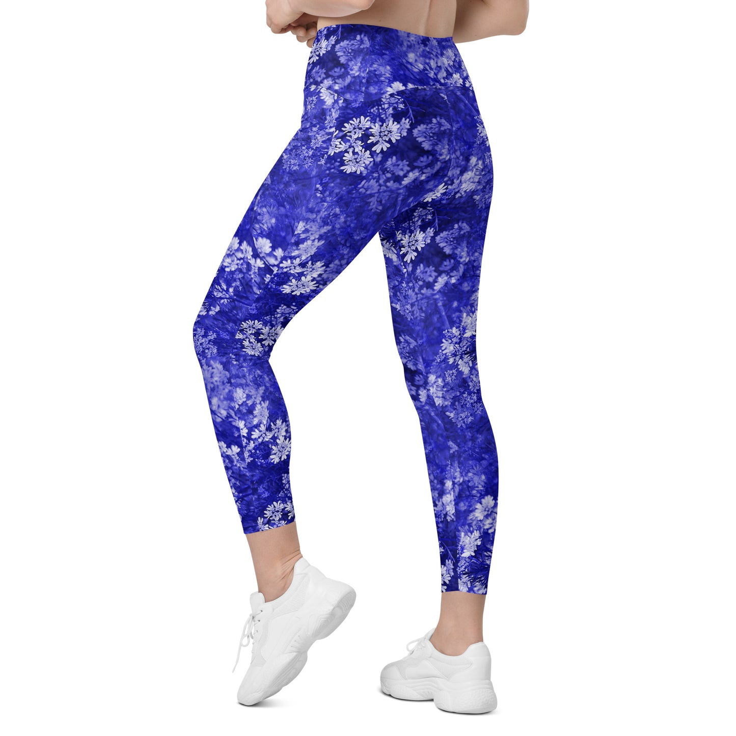 Blue Blossoms Crossover Leggings With Pockets