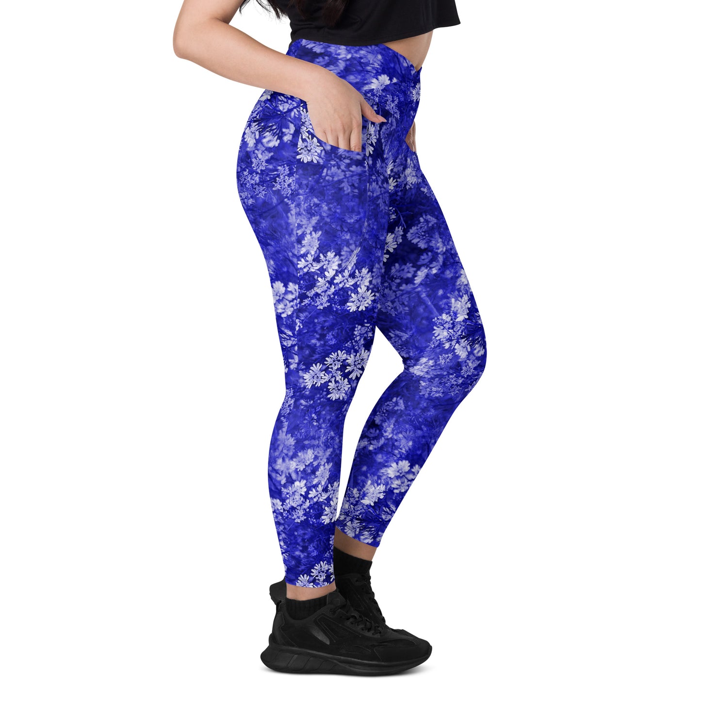 Blue Blossoms Crossover Leggings With Pockets