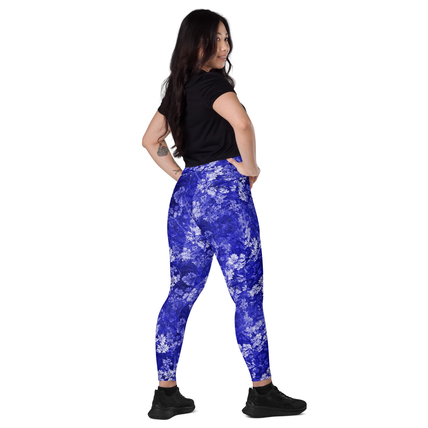 Blue Blossoms Crossover Leggings With Pockets